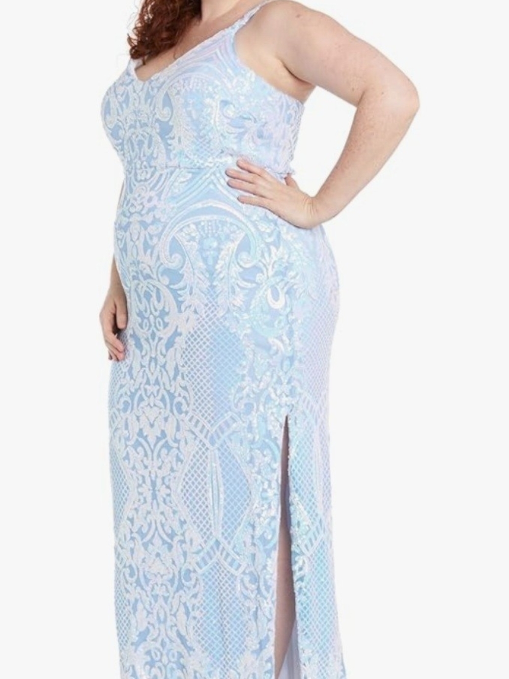 Morgan & Co. Pale Blue Sequin Lace Maxi Dress with Side Slit